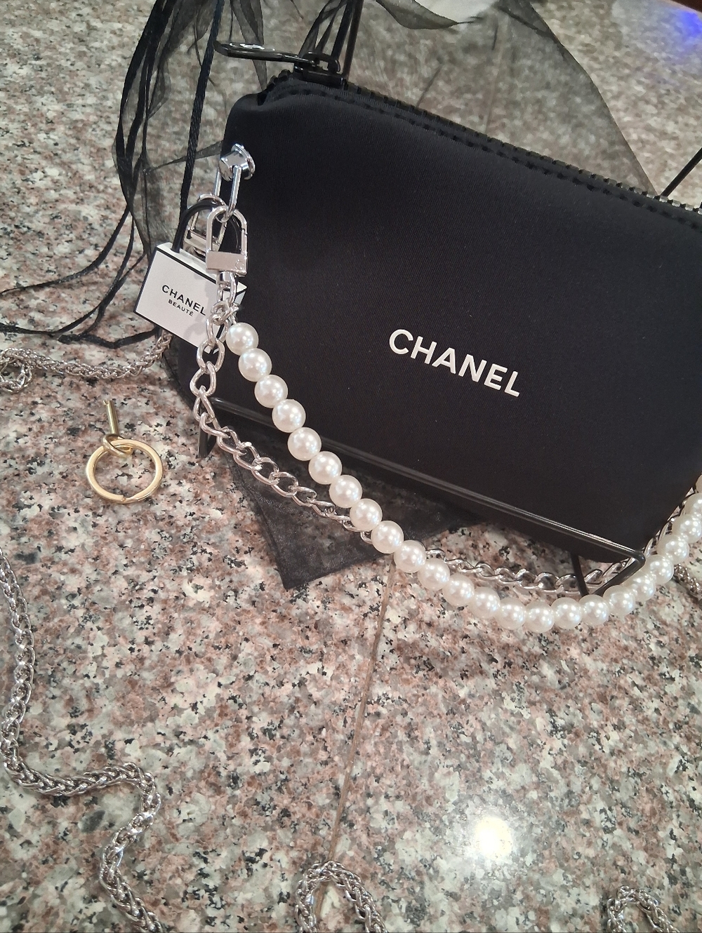 Chanel GWP Black Pearl-Accent Chain Crossbody Bag.Chain & Charms Added.